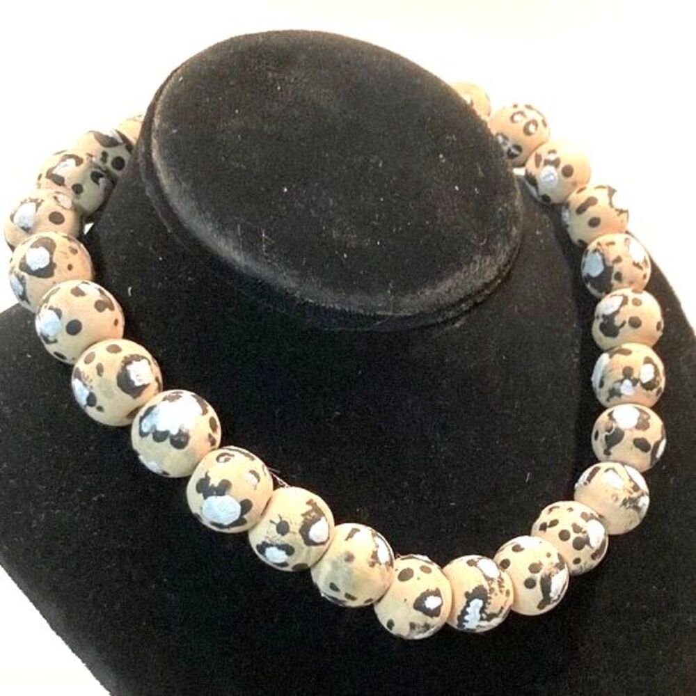 Snow Leopard Snow Cat Animal Print Wood Bead Choker Necklace 16 inches Long